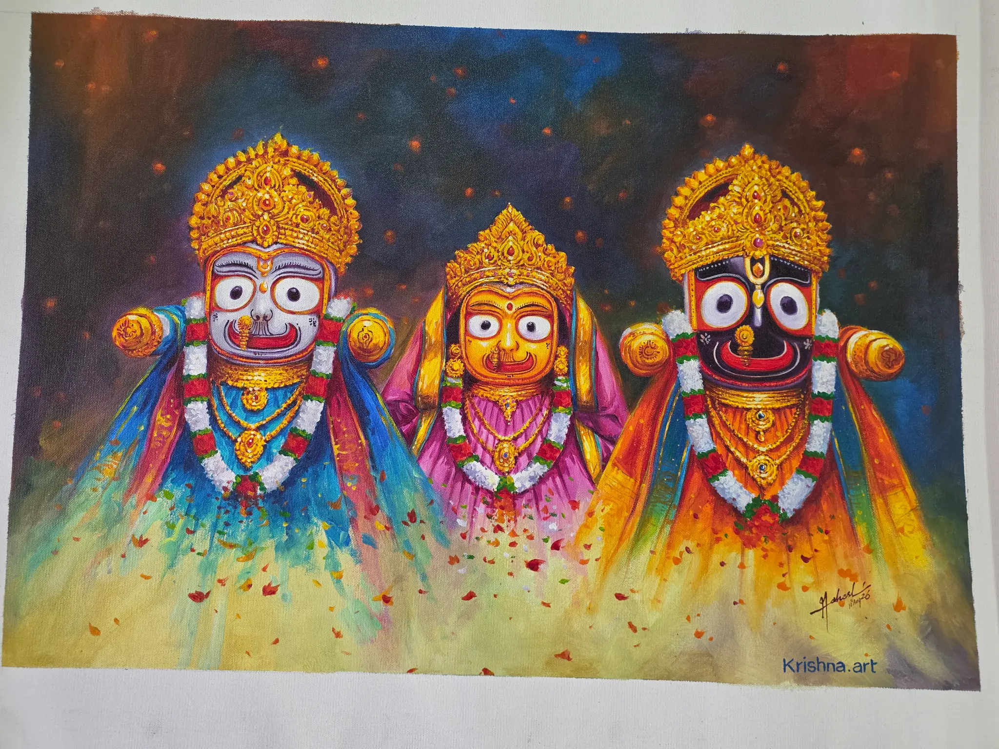 Original oil painting of Jagannath, Balabhadra and Subhadra