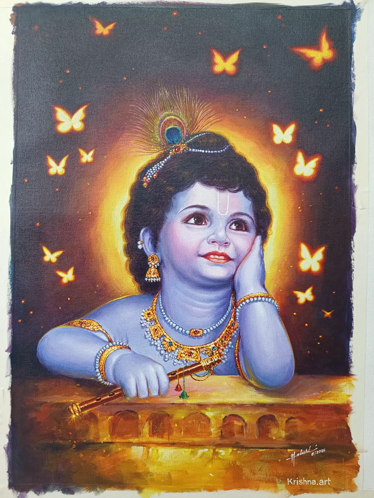 Original oil painting of young Lord Krishna with a glowing halo, butterflies and flute