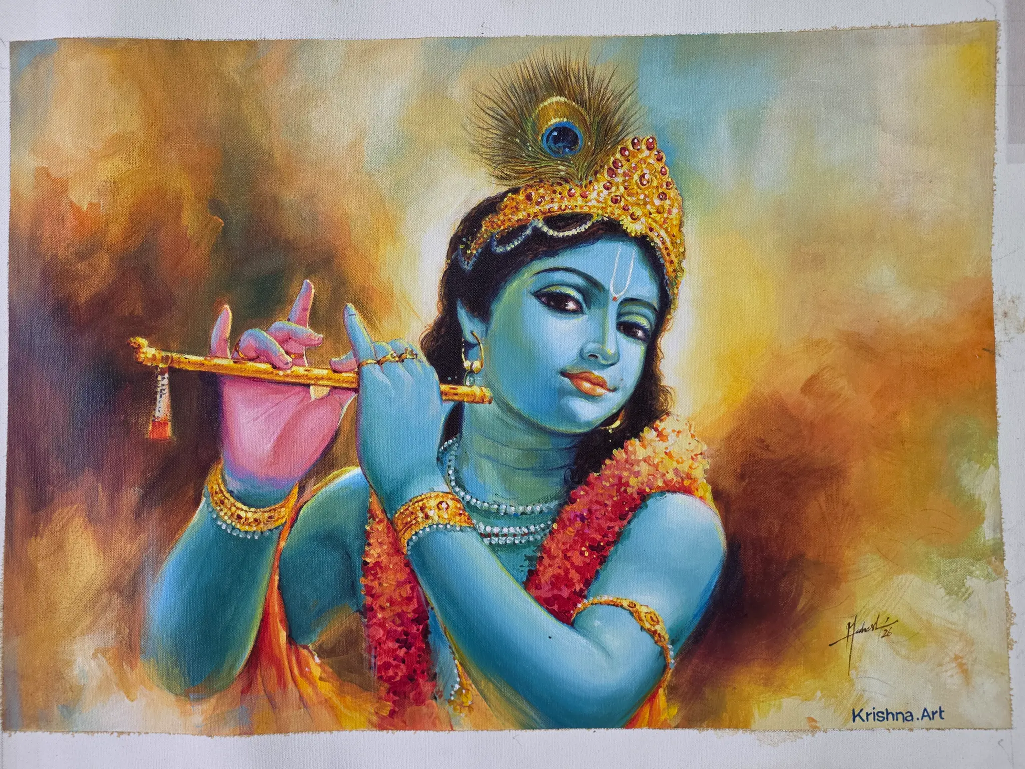Original oil painting of Krishna playing flute