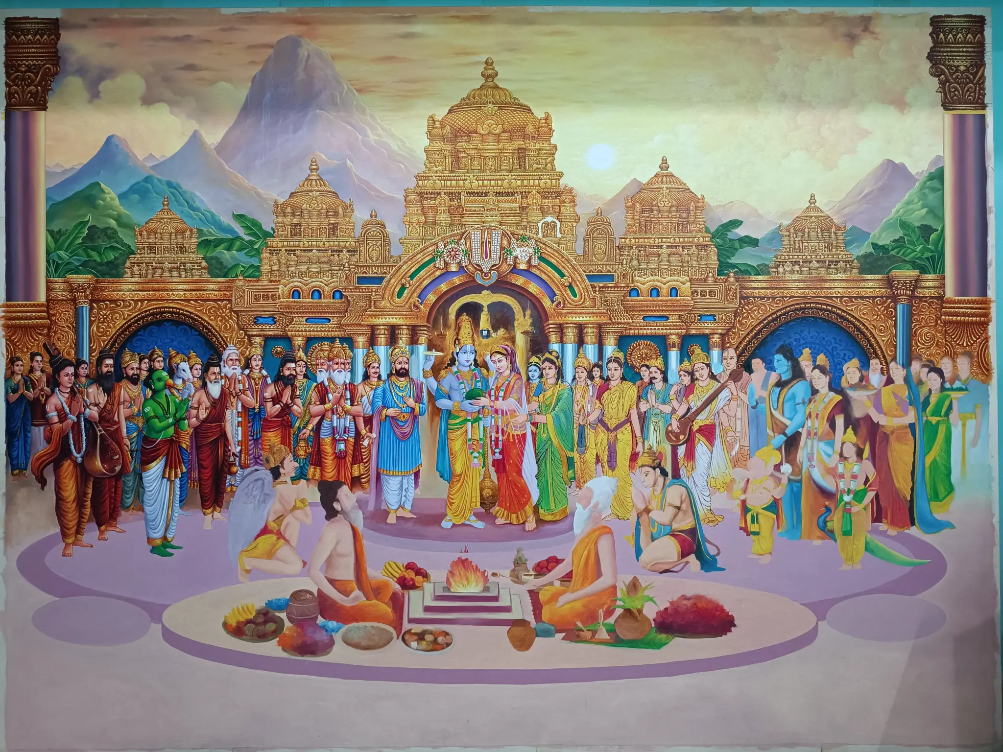 Lord Srinivasa Kalyanam masterwork in progress showing the divine wedding in a temple setting