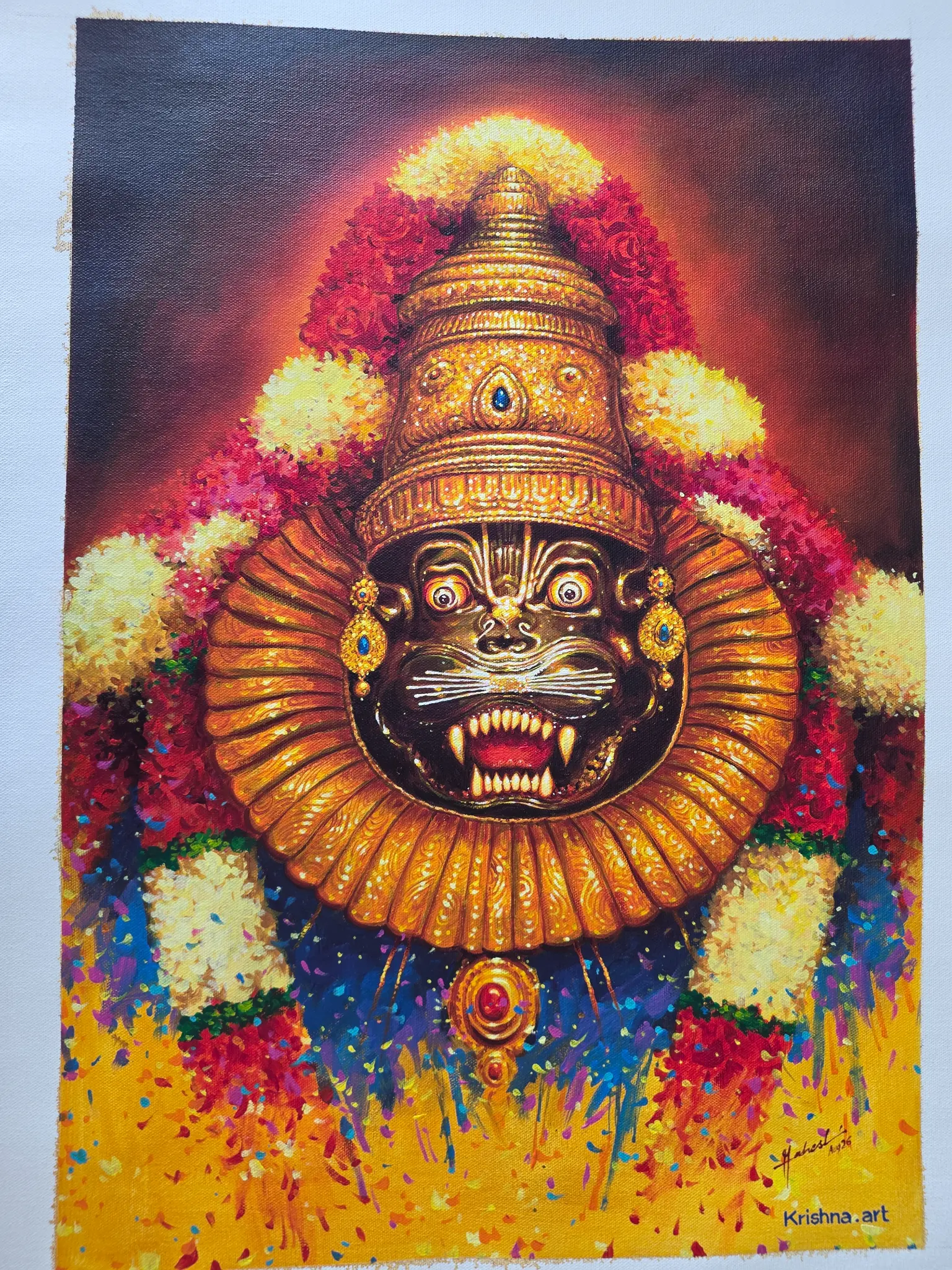 Original oil painting of Sri Narasimha adorned with flowers