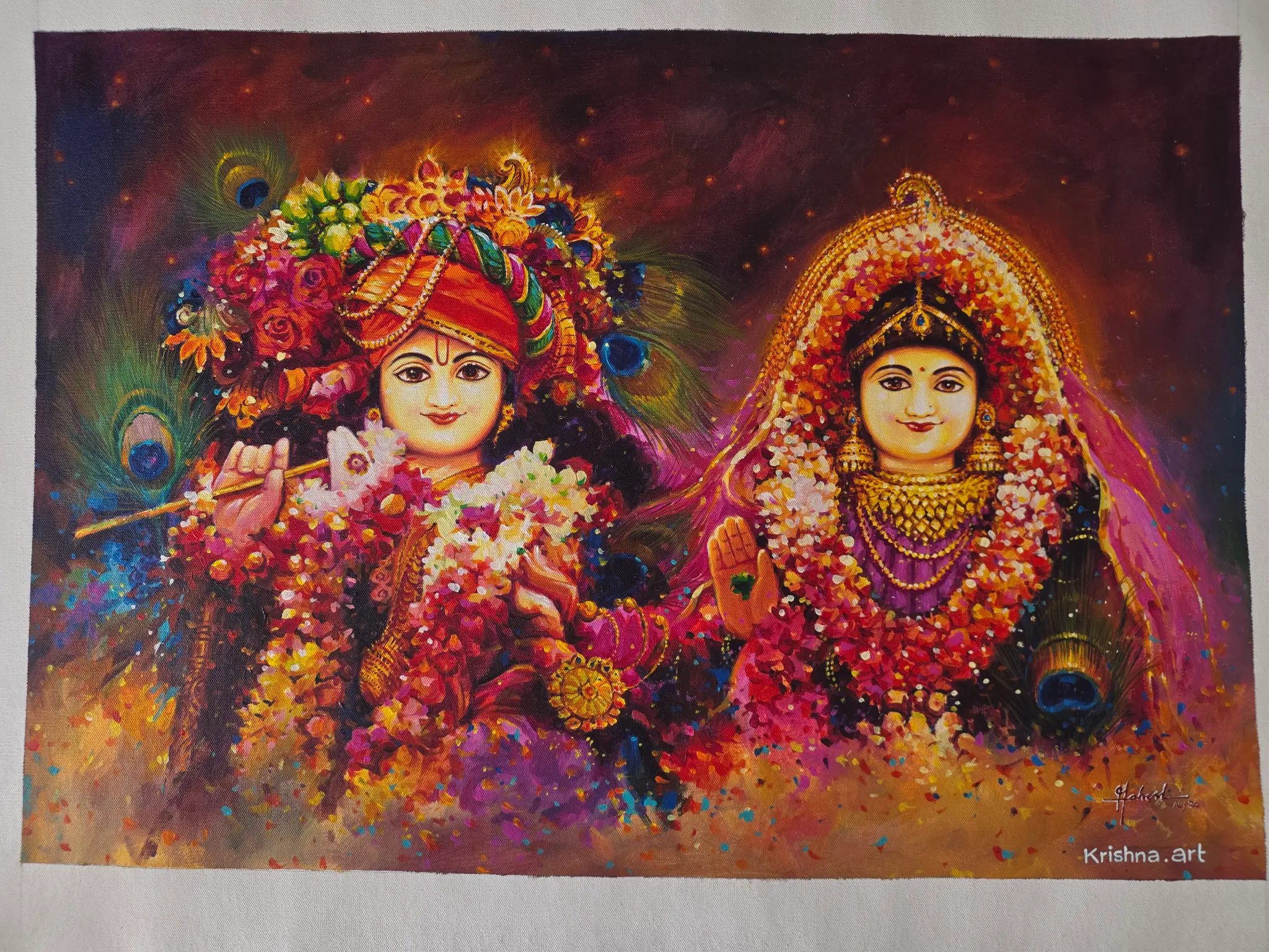 Original oil painting of Radha and Krishna in ceremonial flowers