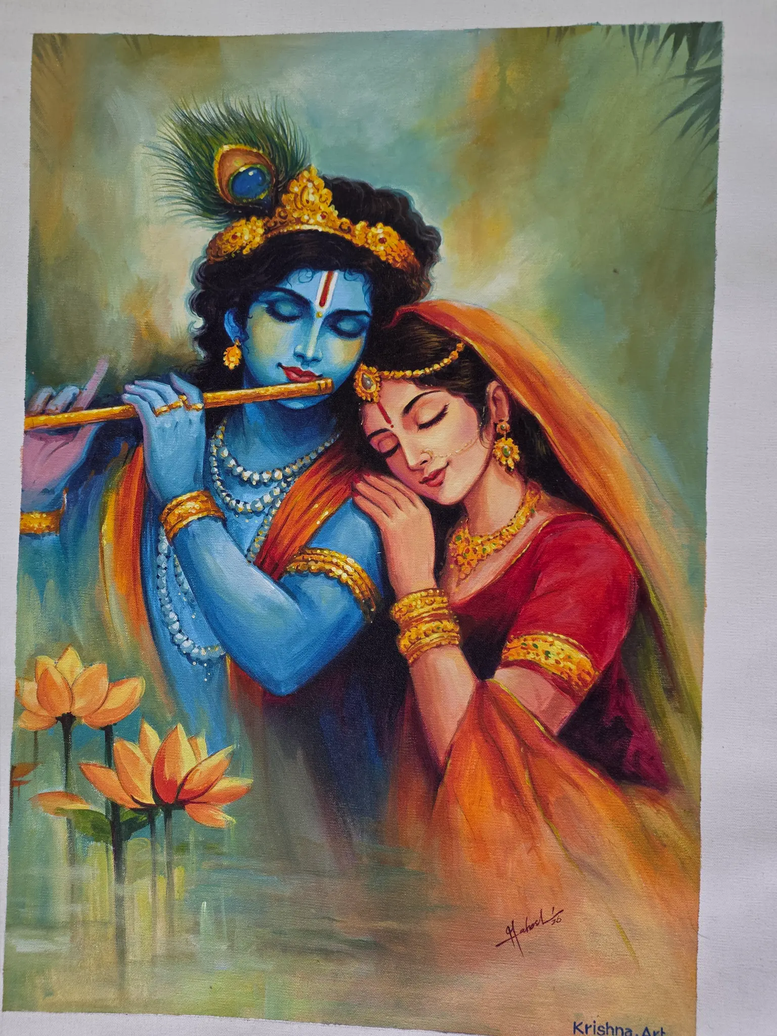 Original oil painting of Radha and Krishna with lotus flowers
