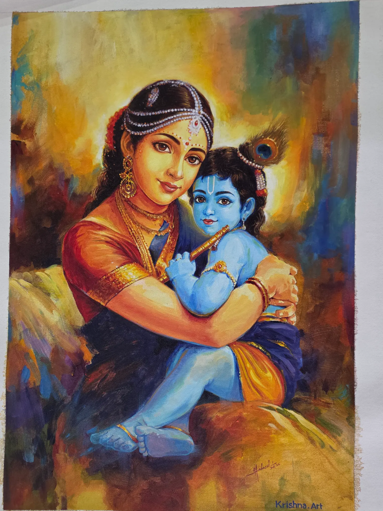 Original oil painting of Yashoda holding Bala Krishna